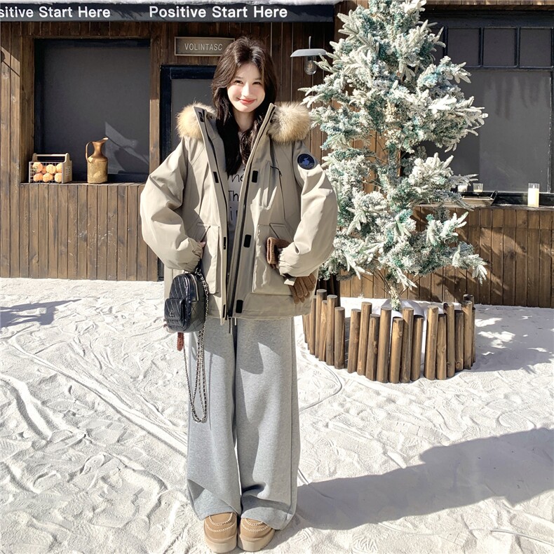 韩系工装大毛领连帽派克羽绒服女2025冬季新款宽松加厚保暖外套,女装羽绒服,维壹