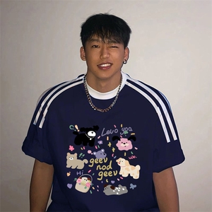 夏季美式高街重磅纯棉三条杠织带撞色男女短袖T恤ZD582-特P30图片