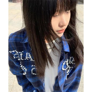 复古珍珠字母格纹衬衫长袖春夏休闲男女同款防晒外套衬衣 CY86图片
