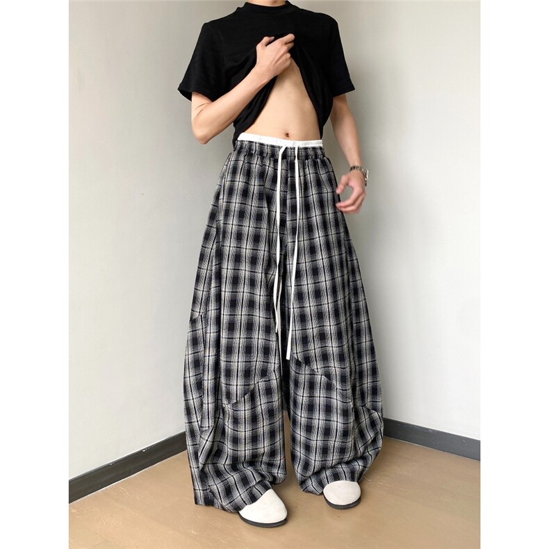 B1M4美式复古双腰头抽绳拼接格子裤男女中性风宽松阔腿舞蹈休闲裤,女装休闲裤,星座1210-1