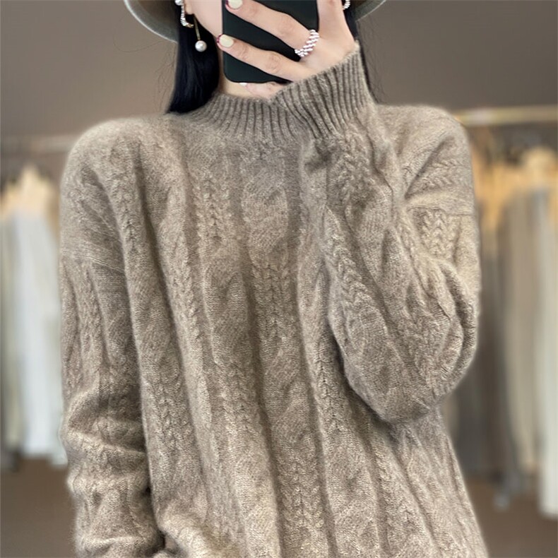 重磅加厚100%纯羊毛衫女半高领麻花毛衣宽松慵懒风羊绒针织打底衫,女装羊绒衫,琳华羊绒