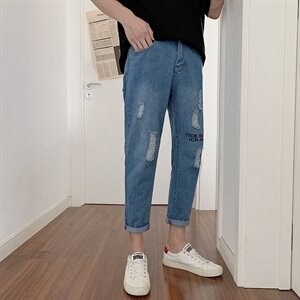 秋季牛仔裤男9分小脚韩版修身破洞百搭潮流男九分裤K335-P30图片