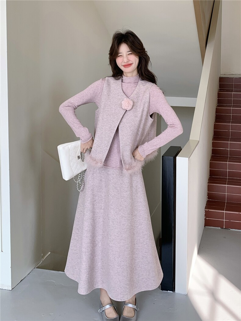 韩系甜美粉色鸵鸟毛拼接马甲内搭+半身裙三件套套装,女装套装/套裙,茵姿媚