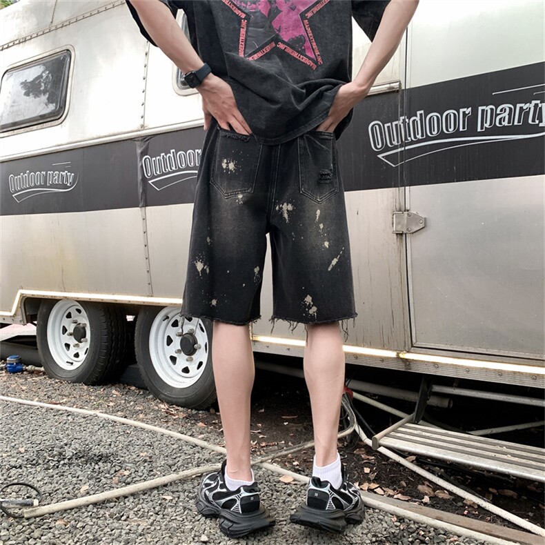 夏季破洞乞丐泼墨油画毛边五分过膝高街直筒牛仔裤男短裤沙滩裤,男装牛仔裤,星座301D-4(原星座1004-4）
