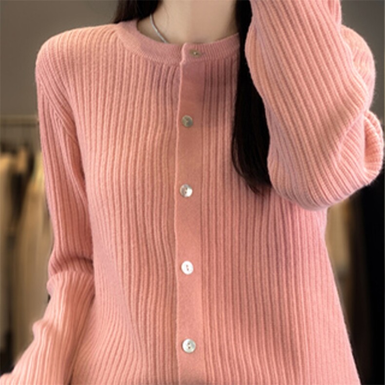 断码清仓新圆领针织开衫女外搭秋季宽松薄款毛衣外套上衣女,针织衫/毛衣,德尔信羊绒