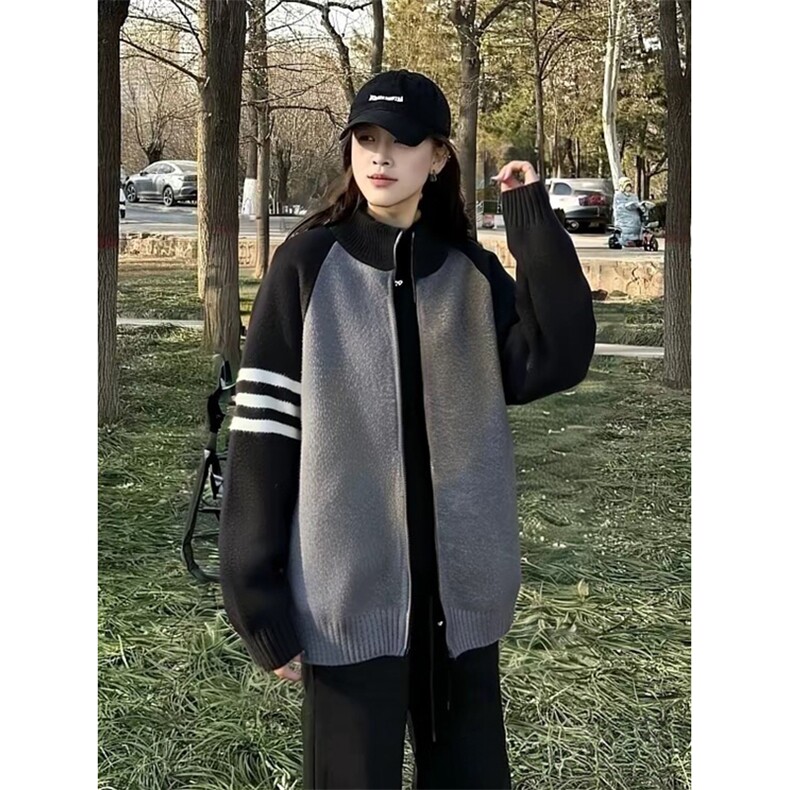重磅秋冬北极绒开衫毛衣美式复古休闲慵懒风撞色立领针织衫外套，男装针织衫/毛衣，电商A486