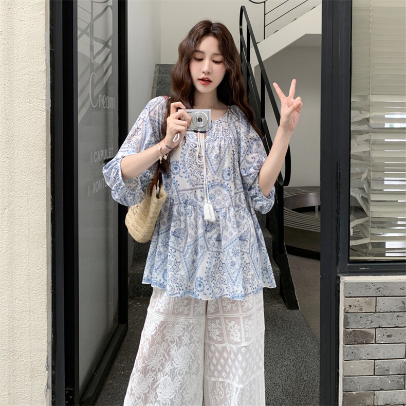 慵懒度假风宽松显瘦印花上衣套装女2025夏季日系氛围感蕾丝休闲裤,女装套装/套裙,2C198