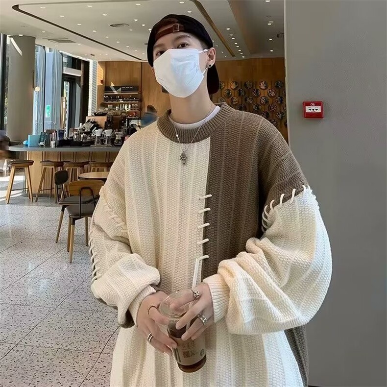 M212-P47毛衣感拼接撞色设计男女宽松秋冬季休闲小众套头,男装针织衫/毛衣,电商B323A