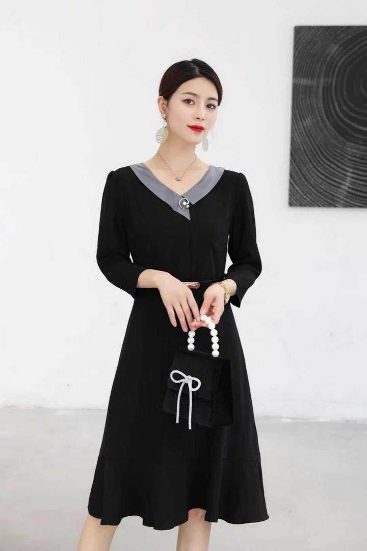 现货秋季新款拼接撞色连衣裙，女装连衣裙，千禾木