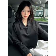 抖音得物高品质美式高街重磅曼巴棉结构螺纹拼接翻领卫衣长袖T恤，男装T恤，电商A486-1