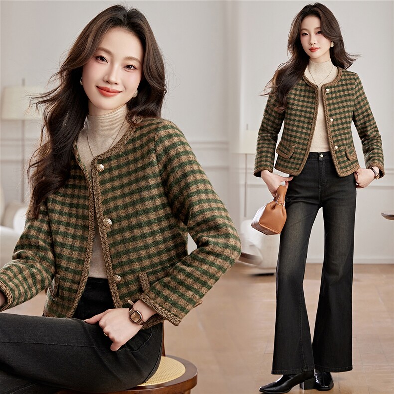 小香风外套配连衣裙女2025秋冬装新款高端格子毛呢显瘦百搭上衣，女装毛呢外套，婵米儿