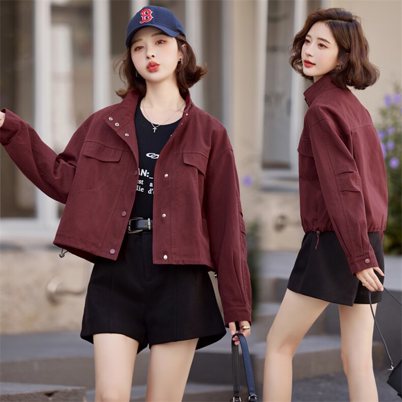 韩版立领长袖短外套女早秋新款设计感纯色百搭小个子减龄洋气外套，女装短外套，布依丽人