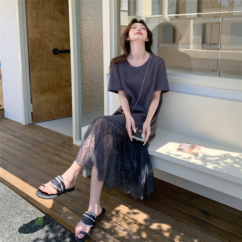 法式温柔风网纱拼接短袖连衣裙女2025夏季新款时尚气质显瘦长裙潮,女装连衣裙,2C216