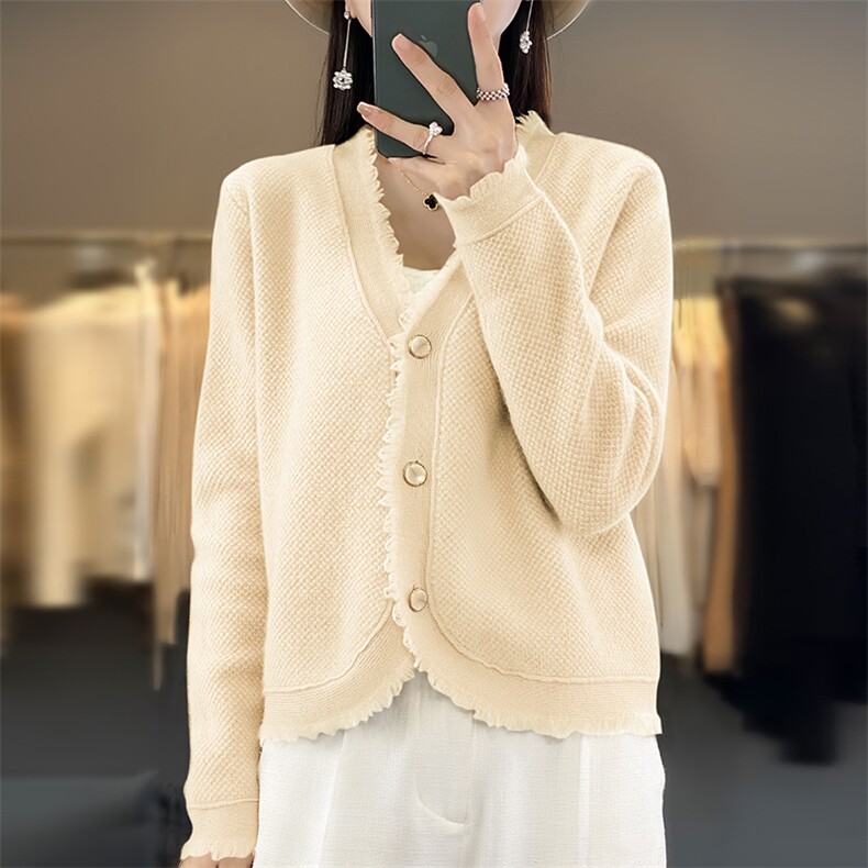 秋冬开衫毛衣女V领花边纯色短款外套宽松显瘦加厚羊毛长袖针织衫图片