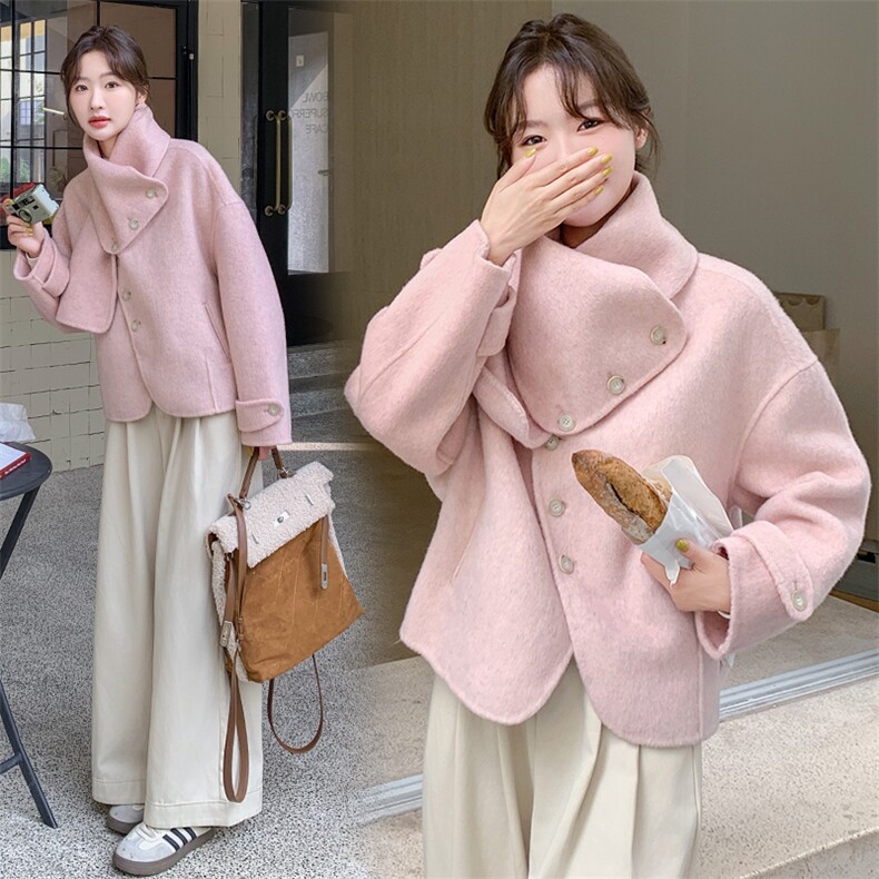 高级感粉色短款围巾领双面羊绒大衣女秋冬2024新款小众毛呢厚外套，女装双面呢大衣，韩蜜菓