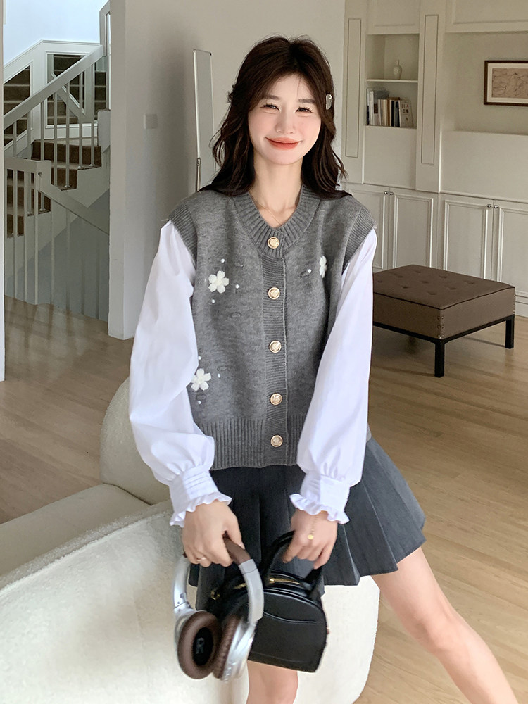 法式复古小香风套装女2025春秋季新款花朵针织马甲白色衬衫两件套,女装马甲,维壹