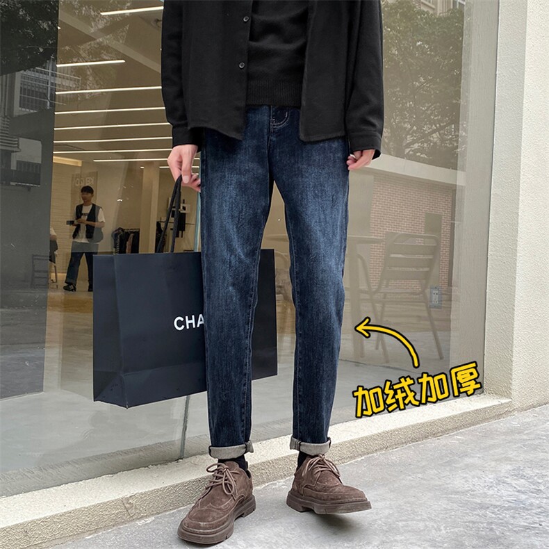 直筒牛仔裤男生秋冬加绒美式潮牌痞帅青少年弹力修身小脚休闲裤子图片
