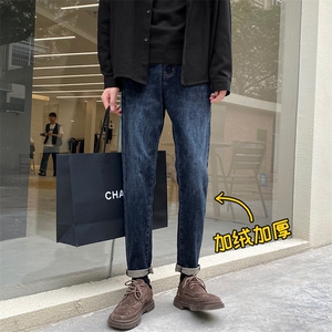 直筒牛仔裤男生秋冬加绒美式潮牌痞帅青少年弹力修身小脚休闲裤子图片