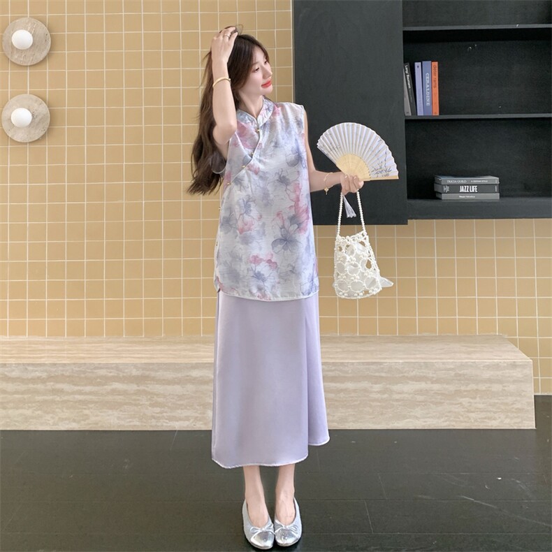 紫色碎花新中式国风衬衫吊带连衣裙套装女夏巨好看流行两件套爆款,女装套装/套裙,浙宝217