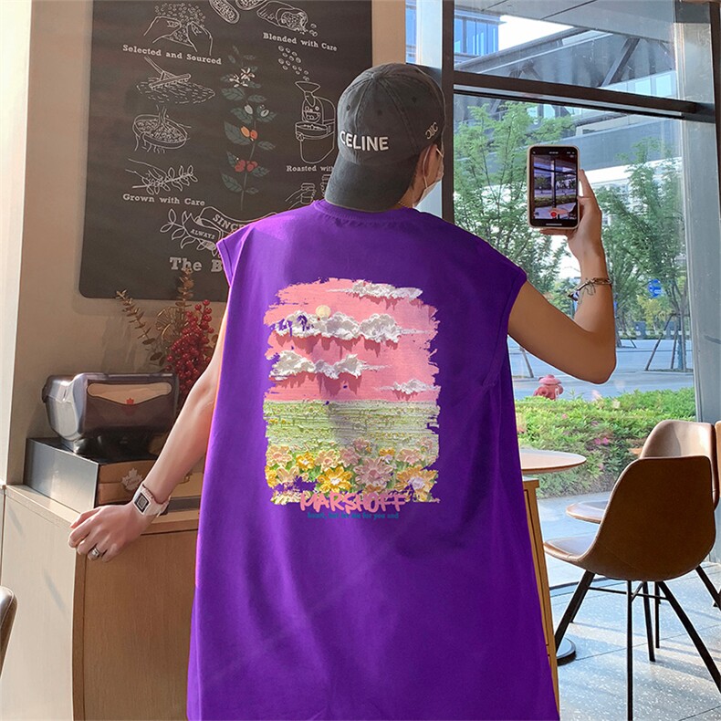 运动背心男纯棉夏季美式复古潮牌涂鸦潮流ins情侣坎肩宽松无袖T恤图片
