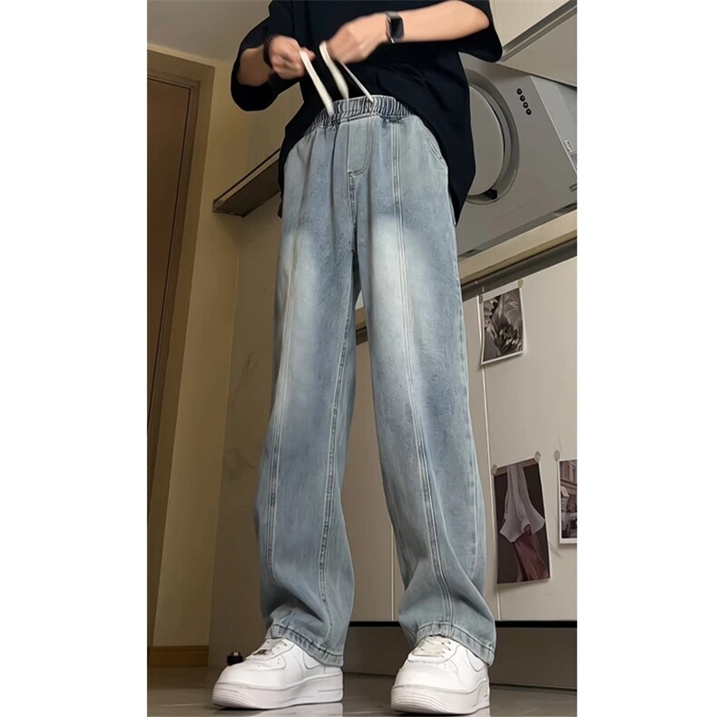 K1223-p35（网络图）现货牛仔裤拼接无弹阔腿直筒裤老爹裤长裤,男装牛仔裤,星座103A-1