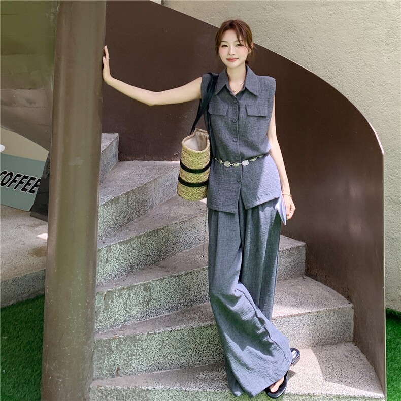 韩系高级感深灰色马甲套装女2025年夏季新款减龄显瘦阔腿裤两件套图片