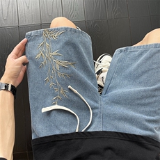 刺绣牛仔短裤男夏季中裤美式街头宽松直筒运动五分裤RK3042-P32，男装牛仔裤，星座412-1