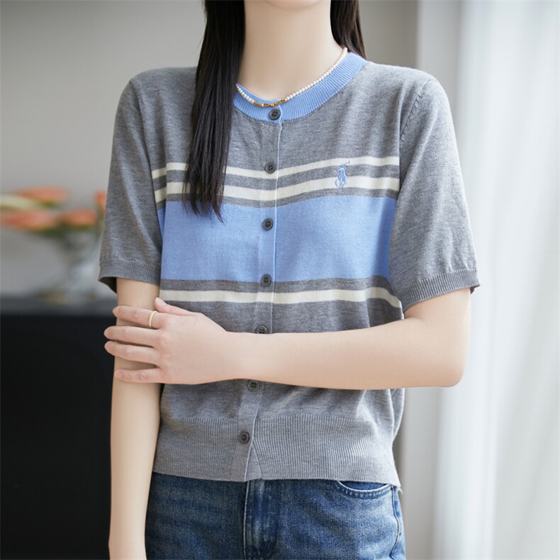 2025春季新款女士圆领刺绣撞色条纹细羊毛针织开衫宽松短袖上衣,女装蕾丝衫/雪纺衫,菲奥羊绒