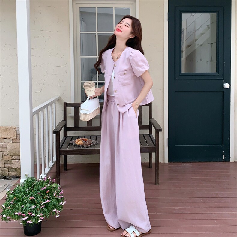 粉色泡泡袖套装女夏收腰阔腿裤两件套时尚显瘦223-1551P165K245,商品下架区,欣美人