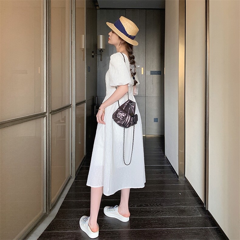 茶歇法式泡泡袖白色方领连衣裙女夏2025新款初恋仙女高端提花长裙,女装连衣裙,2C201