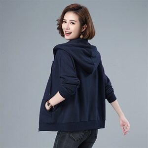 女士拉链纯棉上衣2021春秋季新款连帽纯色抽绳全棉通勤短款外套图片