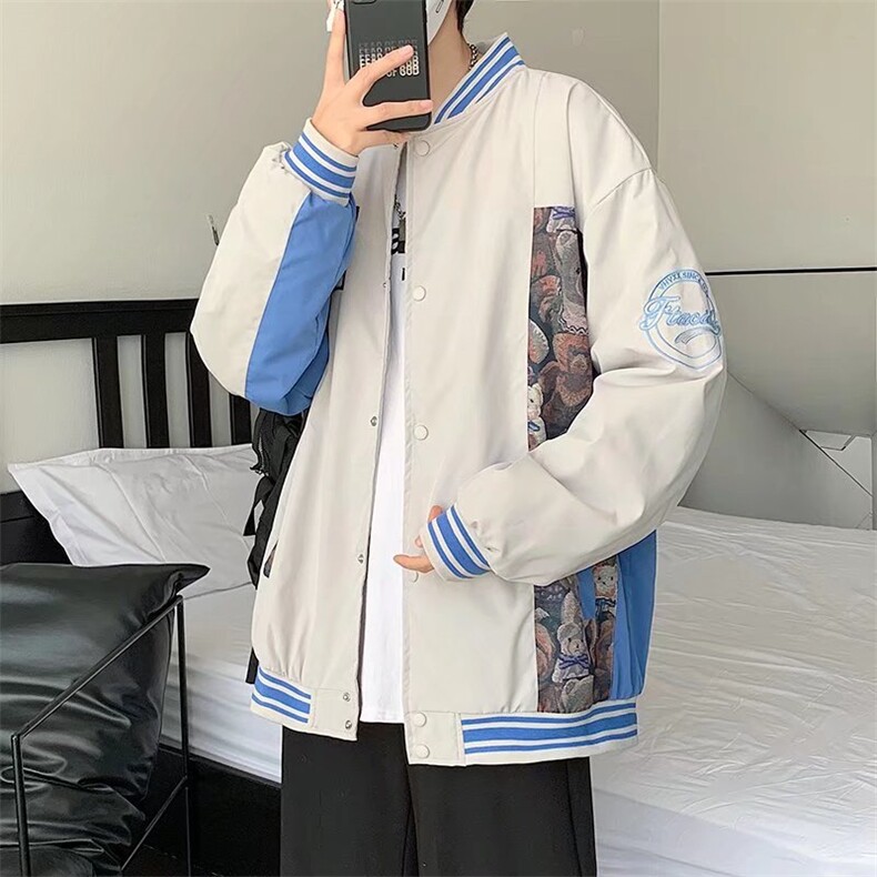 港风宽松棒球服男刺绣拼接夹克青少年立领长袖HY06P60图片