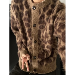 复古美式豹纹提花马海毛开衫毛衣男女秋冬慵懒针织衫外套 MY347图片