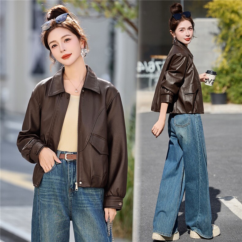 已出货春装新品小皮衣外套女翻领短款时尚百搭机车服小个子上衣,女装皮衣,吾爱衣