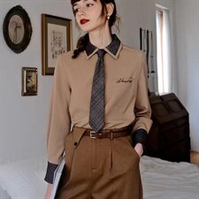 撞色拼格子领带衬衣，其它，袖洛哥弟