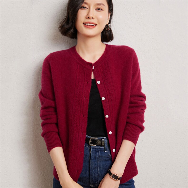 25春秋精纺羊毛开衫女圆领钻石彩扣毛衣超软宽松休闲外套上衣,女装羊绒衫,臻维羊绒