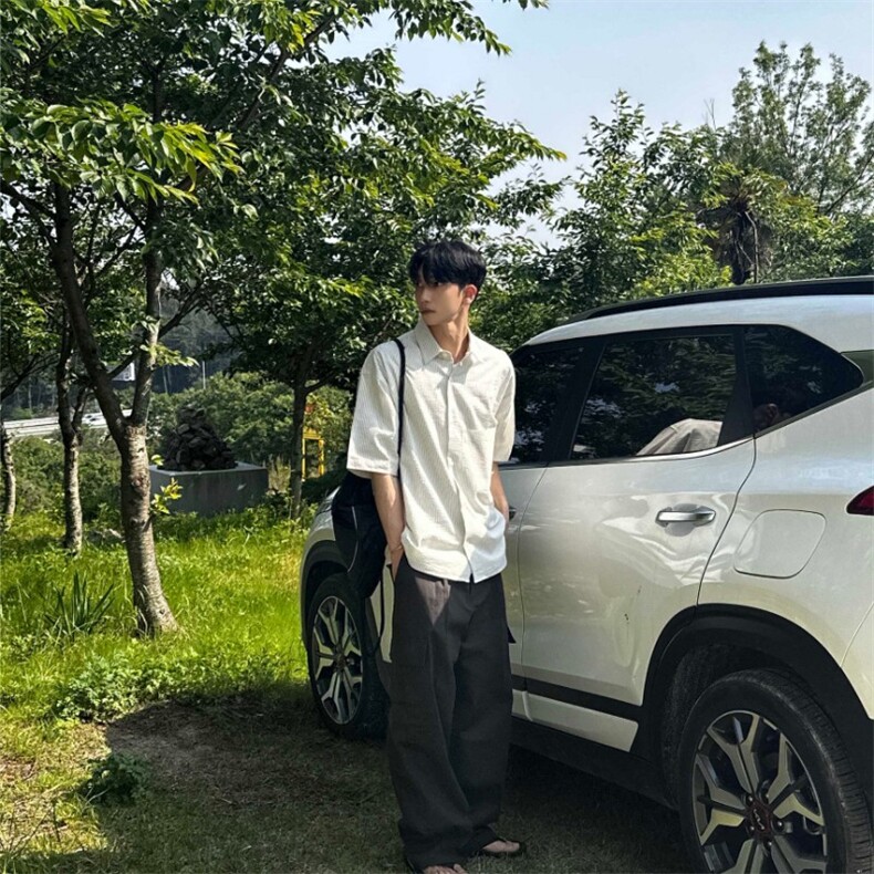 816B-CS023-P45 中性风夏季学生休闲韩版条纹短袖衬衫韩男图片