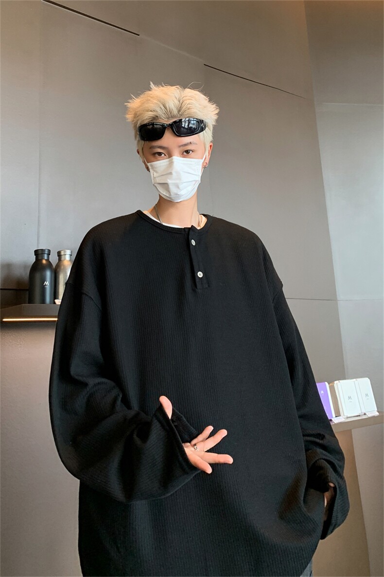 华夫格卫衣美式复古撞色假两件亨利领长袖T恤男春秋韩版百搭上衣,男装T恤,星座505-2（原电商A260-1)