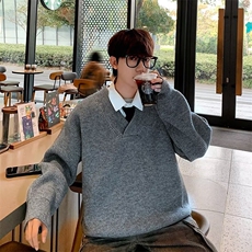 新款港风加厚内搭慵懒风纯色大V领针织衫上衣毛衣外套V29-P48，男装针织衫/毛衣，电商B245