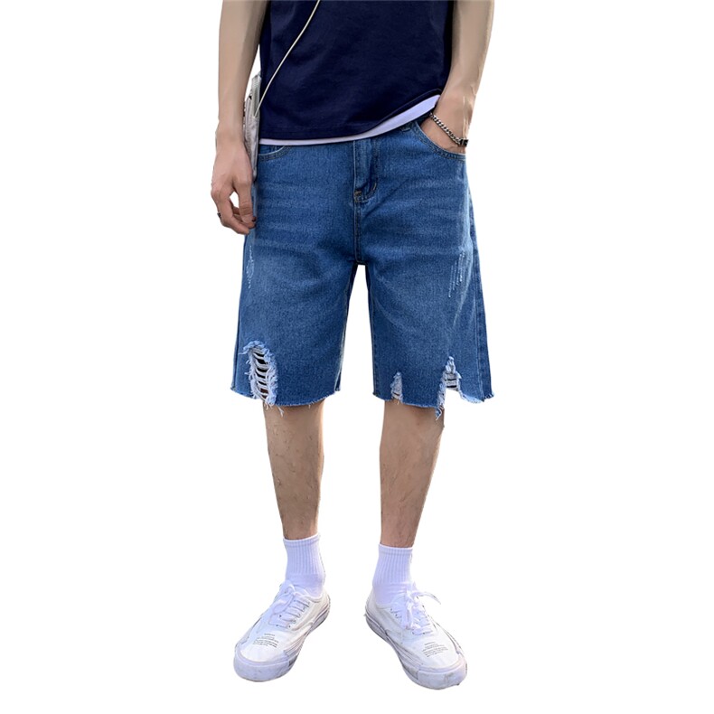 牛仔短裤男潮牌ins宽松直筒夏韩版潮流乞丐五分裤潮破洞5105,男装牛仔裤,电商A318