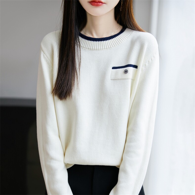 2025年秋季新款百搭女士长袖圆领拼色针织衫，女装针织衫/毛衣，丹芙娇羊绒