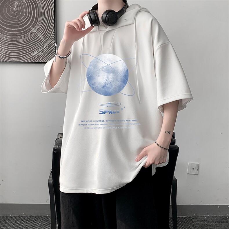 LD54241-P45连帽短袖t恤男大码胖子带帽五分袖中袖大皂风,男装T恤,电商A040