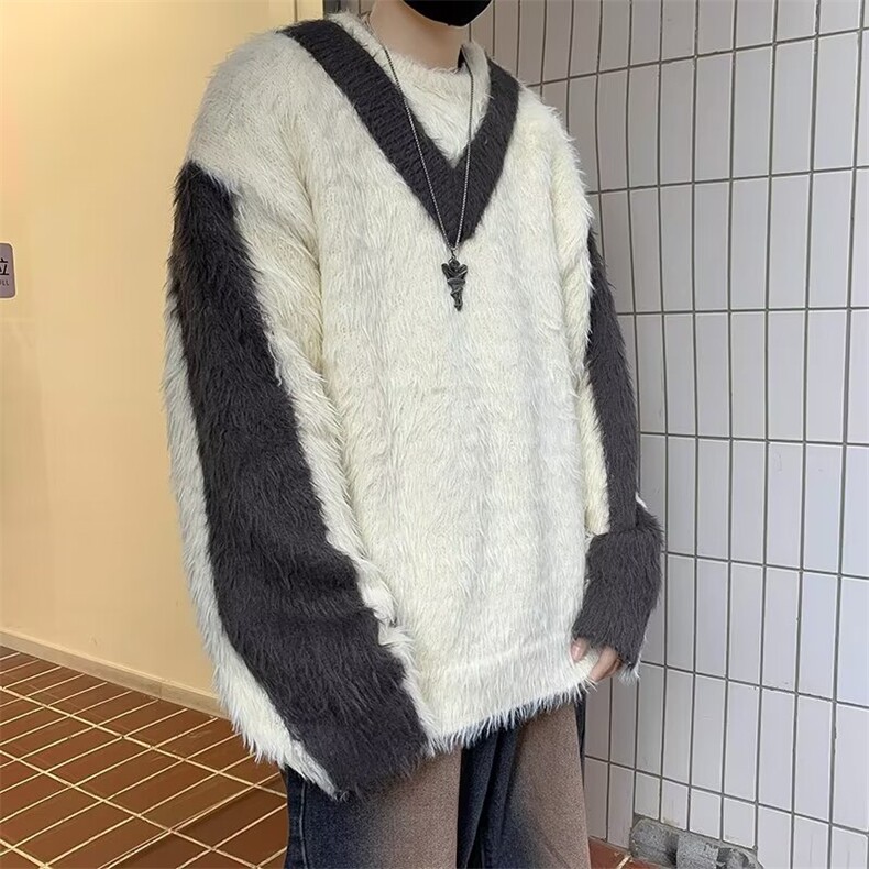 撞色拼接海马毛毛衣男2026秋冬新款高街针织衫美式外套~MY9185,男装针织衫/毛衣,星座601-1