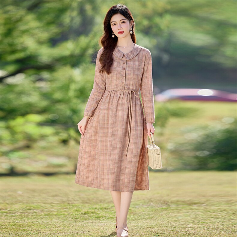 高端长袖格纹撞色连衣裙女2026春新款气质洋气减龄衬衫裙,女装连衣裙,水衣源