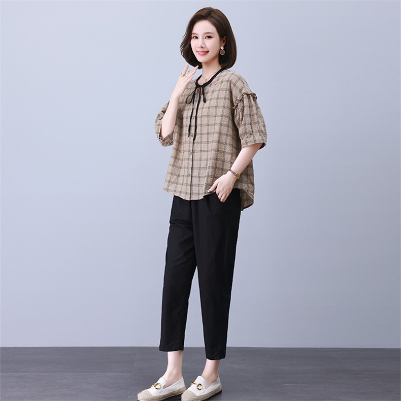 时尚休闲格子拼接套装女宽松显瘦抽绳设计两件套,女装套装/套裙,叶笙衣