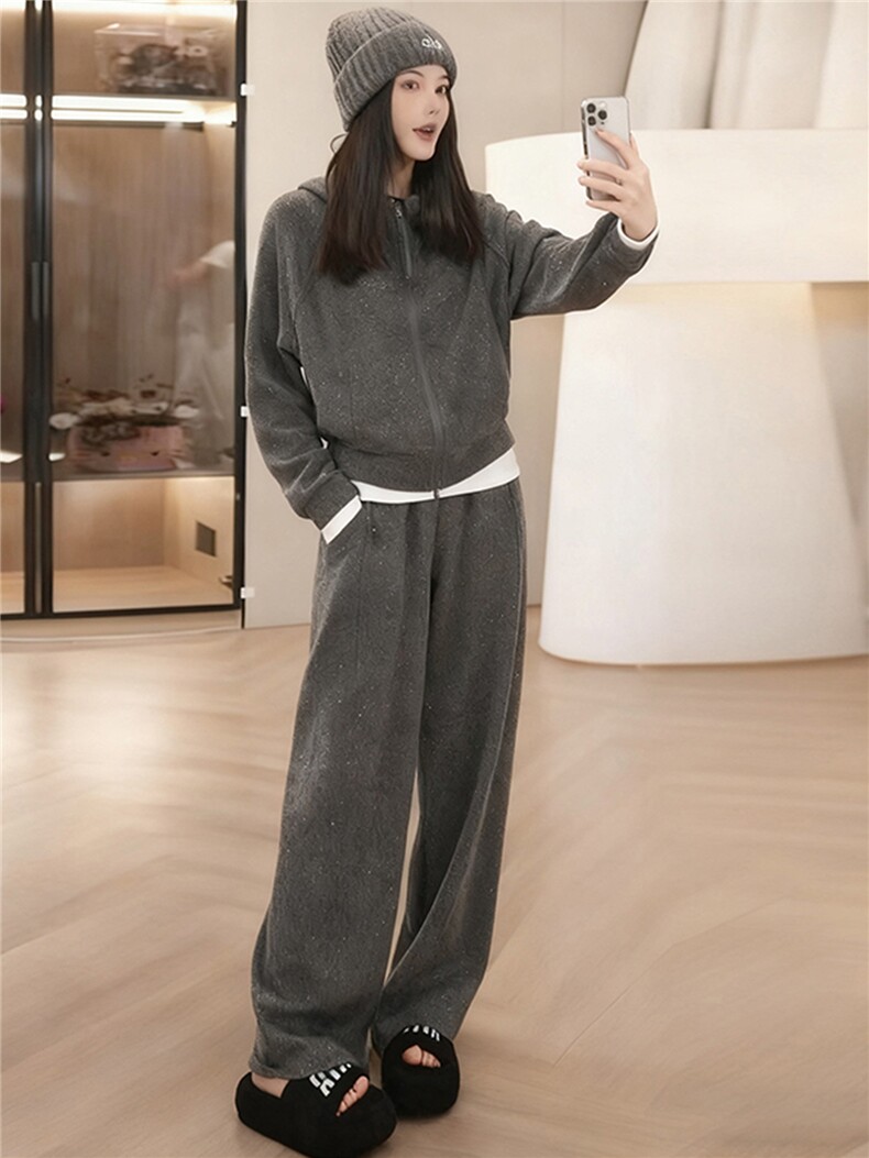 休闲洋气时尚减龄套装假两件加绒卫衣阔腿裤两件套女秋冬,女装套装/套裙,江南