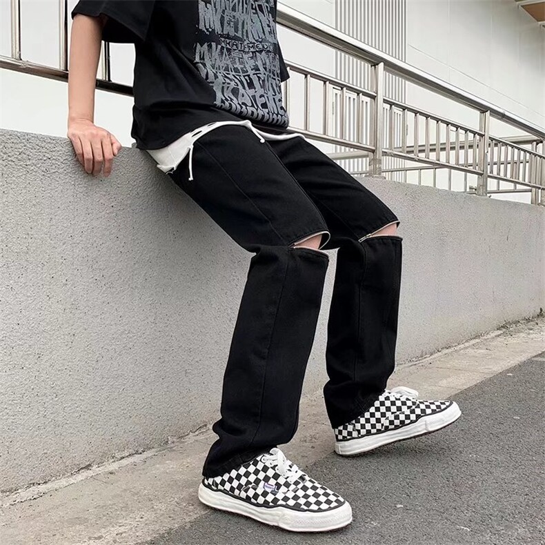 潮流春季牛仔裤男牛仔长裤膝盖拉链牛仔裤E10P38图片