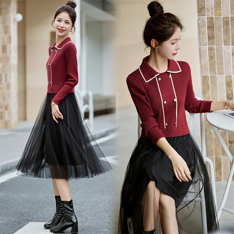 《新品》多色可选假两件针织网纱连衣裙，女装连衣裙，魅丽静蓝