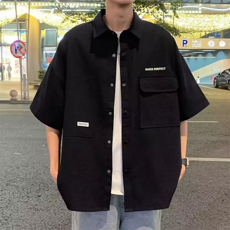 高级感工装衬衫男短袖夏半袖衬衣男青年港风宽松百搭上衣LS34P37,男装T恤,星座1013-5