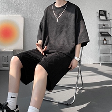 现货TZ769-特批40控88夏季短袖T恤肌理感大码提花圆领运动套装，男装T恤，电商A059